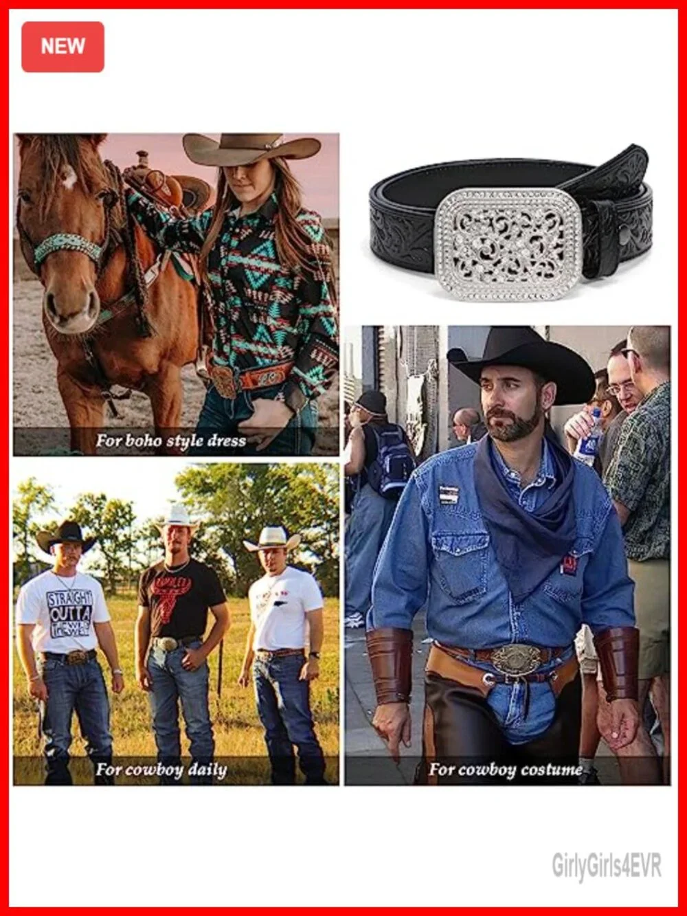 Genuine Leather Western Belt with Silver Diamond Buckle, Unisex Cowgirl Cowboy